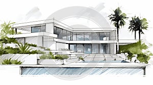 Captivating Sketch Of A Luxurious Modern Home With Beautiful Views