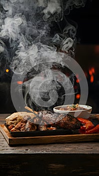 Captivating smoke envelops a scene of delectable restaurant BBQ food