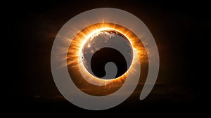Dramatic solar eclipse with glowing sunrays and darkened celestial alignment