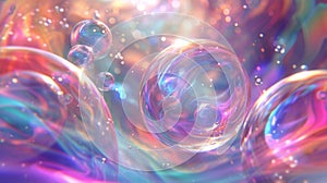 A captivating spectacle of swirling iridescent orbs that seem to defy gravity shifting and morphing in a beautiful photo