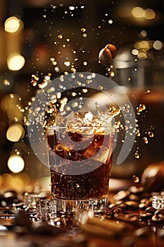 Captivating Splash in Creamy Coffee Cocktail with Ice Cubes