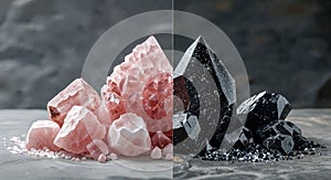 A split image showcasing a pile of pink crystals and a pile of black crystals on a surface