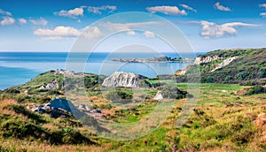 Captivating spring landscape of Mania Beach. Colorful morning scene of Cephalonia island, Greece, Europe. Fantastic seascape of