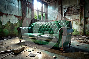 Luxurious Emerald Green Leather Sofa Against a Distressed Urban Backdrop A Stunning ThreeQuarter View Stock Image for photo