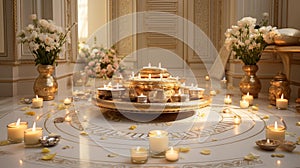 Serenity in Sacred Space: Illuminated Puja Room with Golden Decorations photo