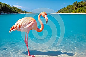 Feathered Majesty, Flamingo in Shallow Lagoon, AI Generated photo