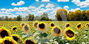 Captivating summer backdrop with a mix of sunflowers and daisies. Panorama