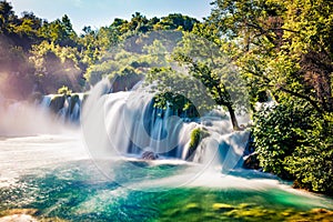 Captivating summer view of Skradinski Buk  waterfall. Exotic morning scene of Krka National Park, Lozovac village location, Croati