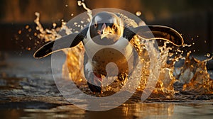 Captivating Sunrise Portrait Of A Penguin Running In Mud