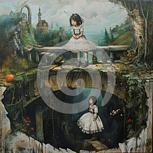 A captivating surreal artwork displaying a young girl standing on the edge of a well, with her reflection peering back from the