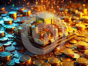A Surreal Fusion of Technology and Wealth Glitching Circuit Chip and Stacked Coins in Intriguing Photography photo