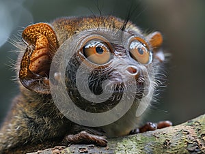 Captivating tarsier monkey clings to a tree branch, showcasing its large, expressive eyes and distinctive furry