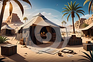 a captivating tent at the middle of a desert at noon-day generated by ai