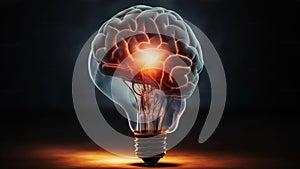 Brain inside of light bulb on black gradient background