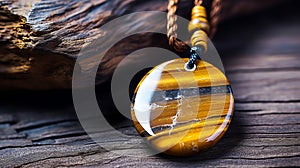 Captivating tiger eye stone amulet radiating magic and mystery on a rustic wooden background