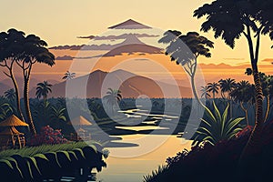 Captivating Traditional Balinese Landscapes Illustration: A Journey Through Bali\'s Natural Beauty. photo