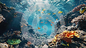 Captivating underwater ecosystem: vibrant coral reefs and graceful fish movements in a 3D scene, highlighting the