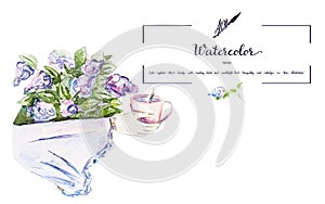 A captivating vector watercolor: hand with cup against lilac bouquet backdrop. Adds charm to prints