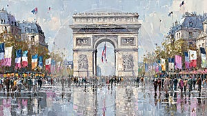 Vibrant Scene At Arc De Triomphe With Colorful Flags And Crowds