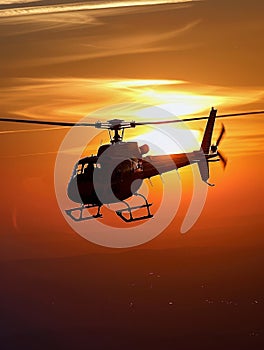 A captivating view of a helicopter cruising above cloud level as the sun sets, painting the sky with warm colors.