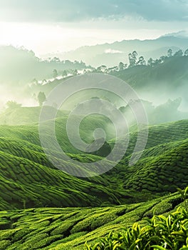 Captivating vistas of a tea plantation shrouded in a soft, ethereal mist, creating a sense of tranquility and seclusion. photo