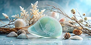 A Futuristic Abstract Composition Featuring Gua Sha Stone Dry Twigs and Seashell Minimalist Visual Art with a Depth photo
