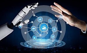 Modern Technology Interaction Between Human Hand and Robotic Arm with Data Icons Representing Artificial Intelligence