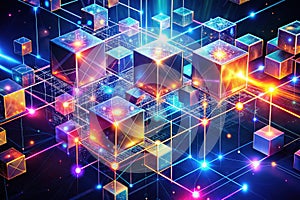 A Glowing Visualization of a Decentralized Blockchain Network Interconnected Nodes and Data Flow