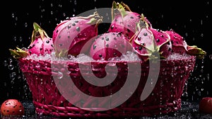 Captivating Visual Storytelling Of Pink Dragon Fruit In A Basket Under Rain