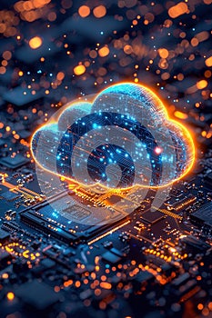 Glowing Digital Cloud Over Circuit Board Representing Cloud Computing and Technology