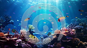 A captivating and vivid digital background inspired by the wonders of the deep sea, showcasing marine life and the clarity of an