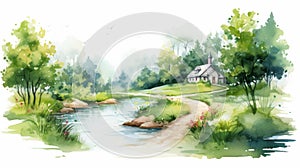 Captivating Watercolor Illustration Of A Creek And Forest House