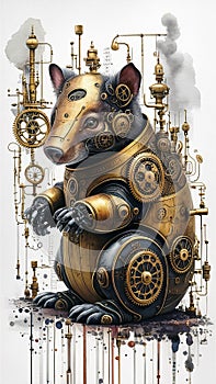 A captivating watercolor illustration presents a steampunk-inspired brass robot wombat photo