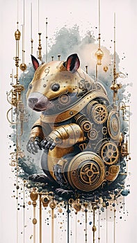 A captivating watercolor illustration presents a steampunk-inspired brass robot wombat photo