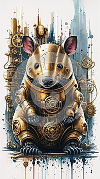 A captivating watercolor illustration presents a steampunk-inspired brass robot wombat photo