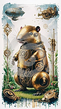 A captivating watercolor illustration showcases a steampunk-inspired brass robot gopher photo