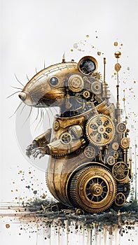 A captivating watercolor illustration showcases a steampunk-inspired brass robot gopher photo