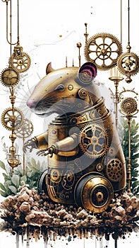 A captivating watercolor illustration showcases a steampunk-inspired brass robot gopher photo