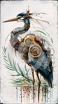 A captivating watercolor illustration showcases a steampunk-inspired brass robot heron photo