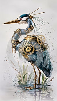 A captivating watercolor illustration showcases a steampunk-inspired brass robot heron photo