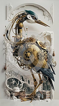 A captivating watercolor illustration showcases a steampunk-inspired brass robot heron photo