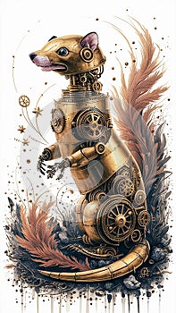 A captivating watercolor illustration showcases a steampunk-inspired brass robot weasel photo