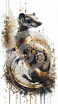 A captivating watercolor illustration showcases a steampunk-inspired brass robot weasel photo
