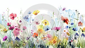 Captivating Watercolor of Vibrant Wildflower Meadow with Fluid Movements and Delicate Petals photo