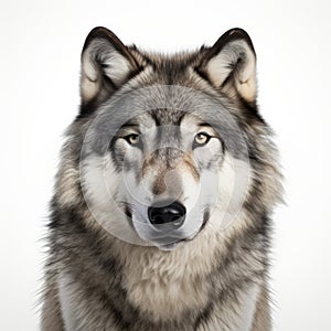 Captivating Wolf Portrait On White Background Layered Imagery With Subtle Irony