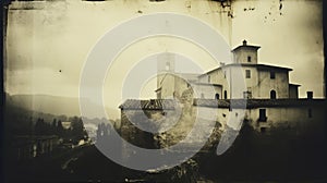 Captivatingly Atmospheric Church And Mountain Scene In Retro Polaroid Style