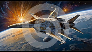 A captivatingly elusive starfighter glimmers with an ethereal beauty, like a mirage amid a watercolor galaxy. The main photo