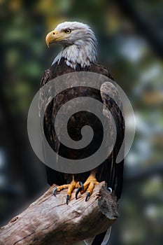 A Captive American Bald Eagle Perched On A Log - Blurred Background Version - Haliaeetus leucocephalus