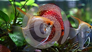 Captive aquarium golden angel fish specimen Pterophyllum freshwater.