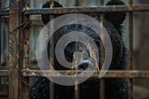 Captive Bear Behind Bars Looking Out.